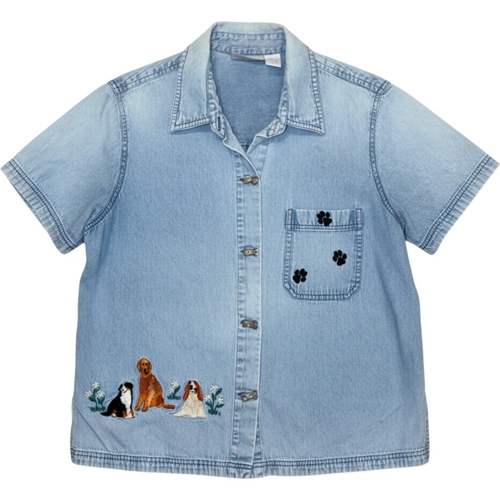 Blair Denim Shirt Large Light Blue Embroidered Dog Bone Button Short Sleeve